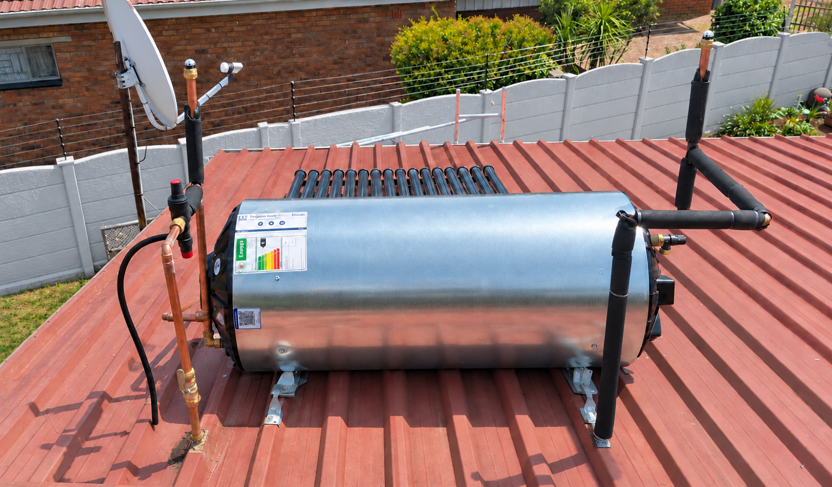 Solar geyser and connected pipework on a red roof, with the background wall digitally painted light grey